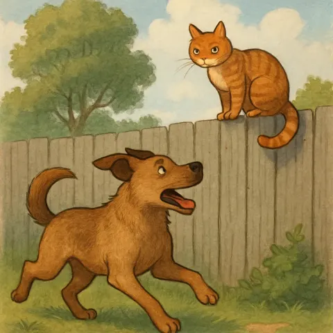 Cat Jumped Onto a Fence as the Dog Ran