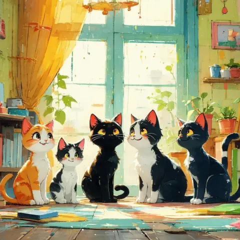 Playful Cutout Cats in a Cozy Room