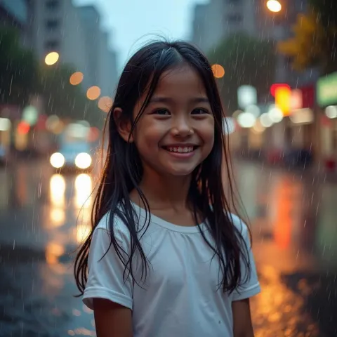 Rain Soaked Girl Smiling on City Street
