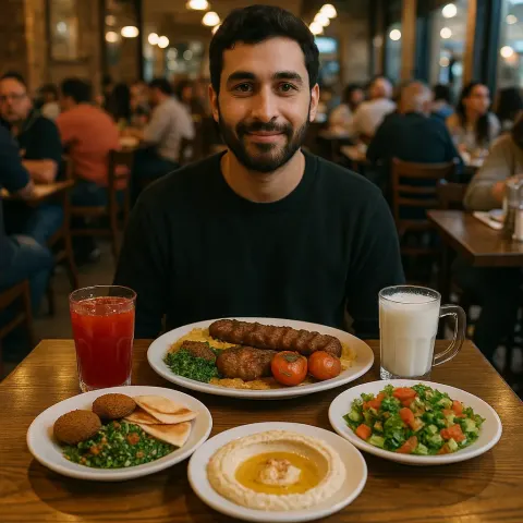 Person Sitting at a Restaurant Table with Plates of Middle