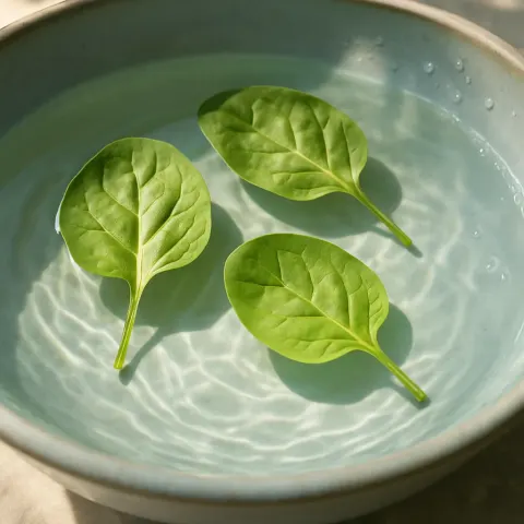 Three Delicate Spinach Leaves Float Atop Crystal-clear Spring Water