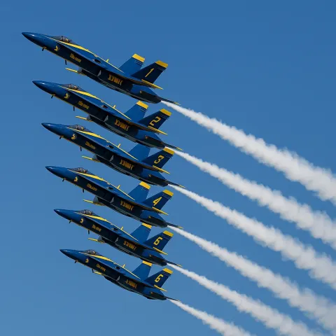Six Blue and Yellow Fighter Jets Flying in Formation