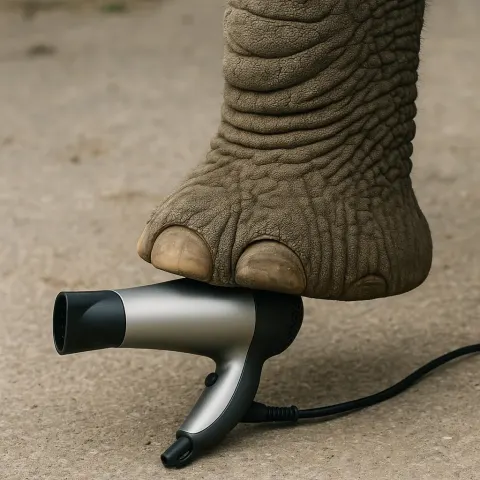 Compact Hairdryer Positioned under the Foot of a Standing Elephant