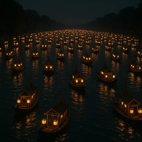 Vast Flotilla of Hundreds of Illuminated Traditional Boats Drifts Slowly