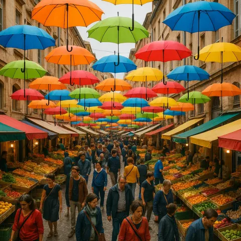 Myriad Colorful Umbrellas Create a Dense