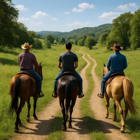 Trio of Men on Horseback Travel Along a Dirt Path