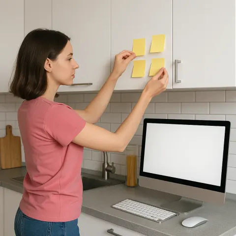 Woman in a Pink Shirt Is Sticking Yellow Sticky Notes