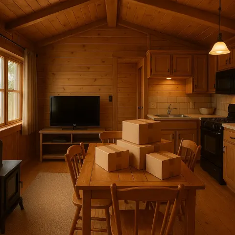 Cozy Wooden Room with a TV, Dining Table with Boxes
