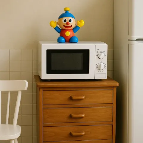 Microwave Sits on Top of a Wooden Dresser