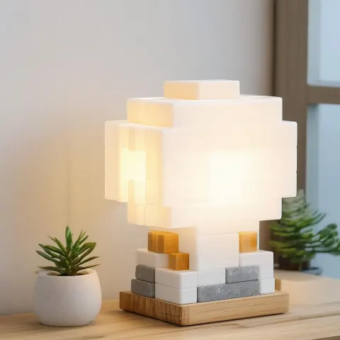 Minimalist Pixel Lamp in Birch and Stone