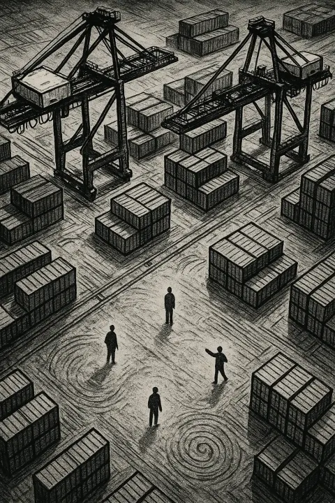 Four Tiny Figures—one Appearing Darkly Clad