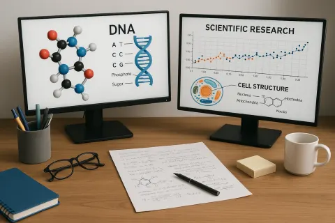 Workspace Featuring Two Monitors Displaying Scientific Content