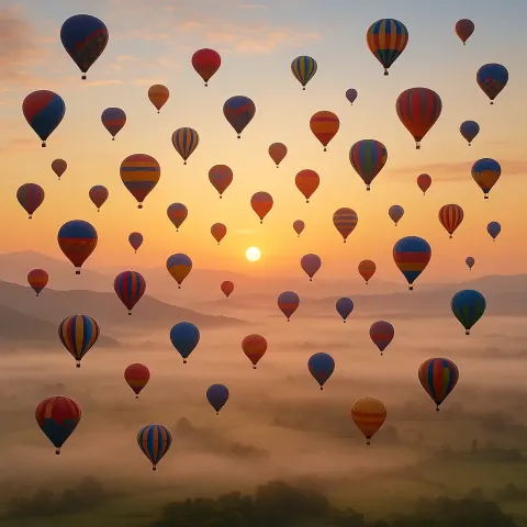 Dozens of Colorful Hot Air Balloons Drift Serenely