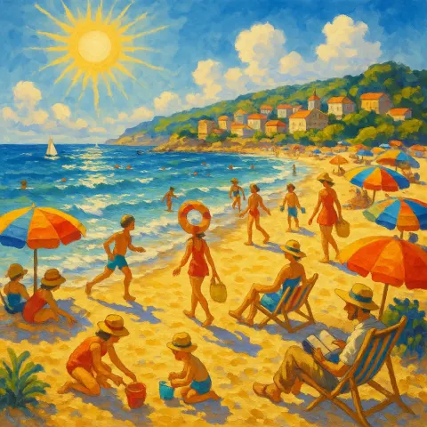 Lively Beach Scene Filled with Energy and Movement
