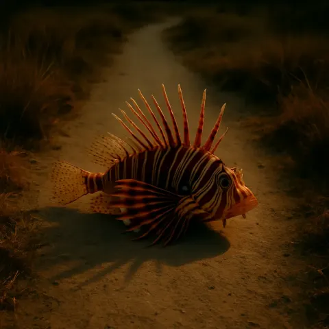 Single Reddish-brown Lionfish—its Large Fan-shaped Pectoral Fins Displaying Bold Vertical