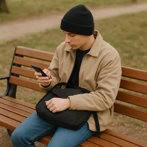 Person Sits on a Wooden Bench Outdoors