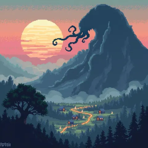 Cthulhu Shadow Looming Over Pixel Village