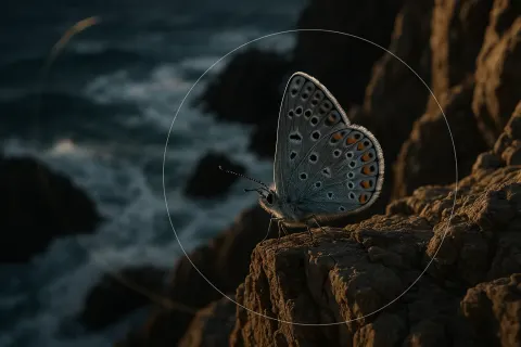 Highly Detailed Lycaenid on Rugged Cliffs Above Crashing Waves