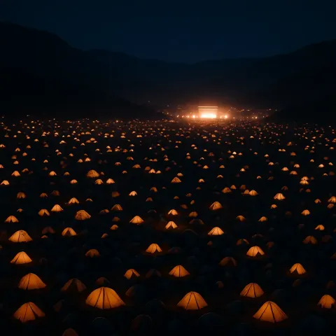 Vast Sea of Countless Illuminated Tents Glows Warmly
