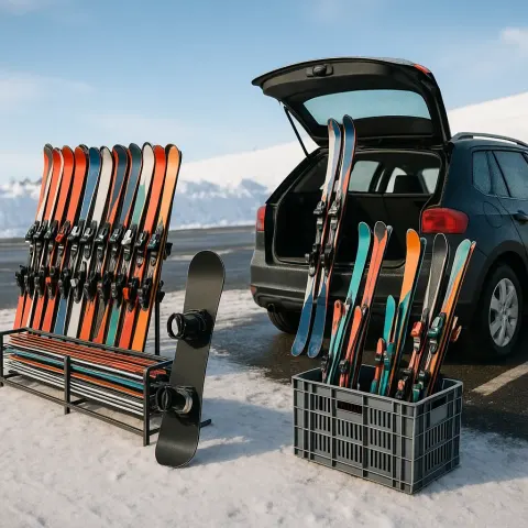 Variety of Skis Along with a Single Snowboard