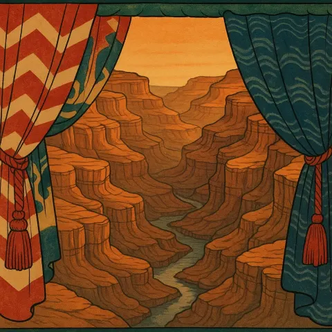 Two Varied Ukiyo-e Theater Curtains Unveil a Layered Rocky Canyon