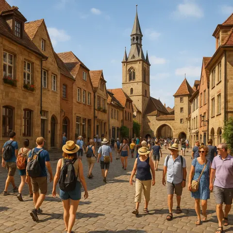 Historic European Town with Cobblestone Streets Where Tourists Stroll