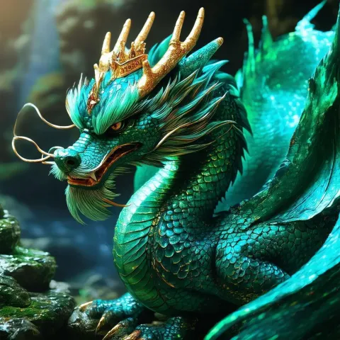 Crowned Dragon Shimmering in Emerald Panorama