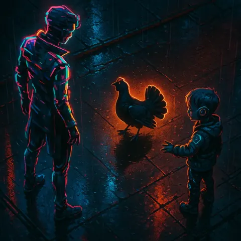 Poised Neon-glitched Figure and a Cybernetic Child Converge