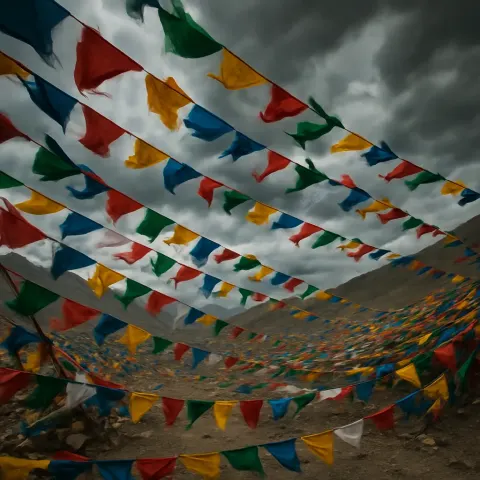 Thousands of Multi-colored Prayer Flags Flutter Violently Across a Vast