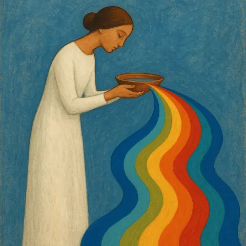 Figure in a White Dress Holds a Bowl Releasing Colorful