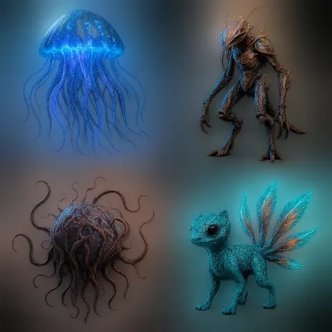Showcasing Various Alien Wildlife for My Futuristic Exploration Game