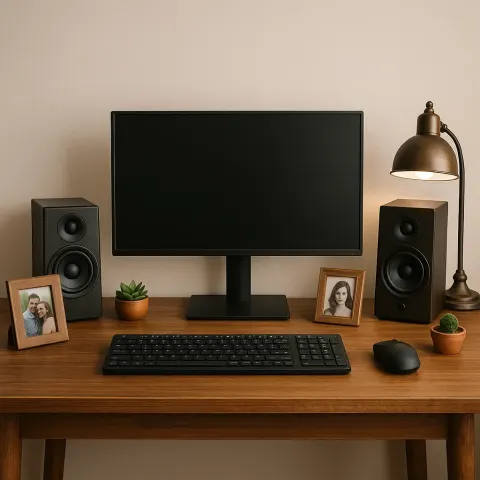 Wooden Desk Setup with a Monitor