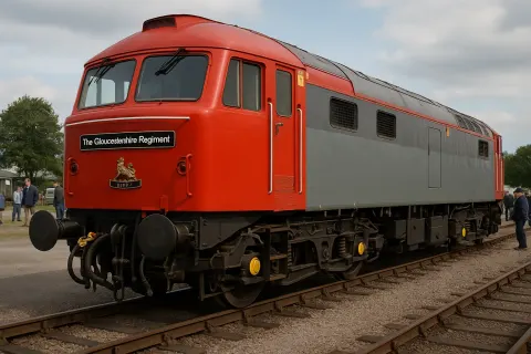 Red and Grey Diesel Locomotive Labeled "The Gloucestershire Regiment"