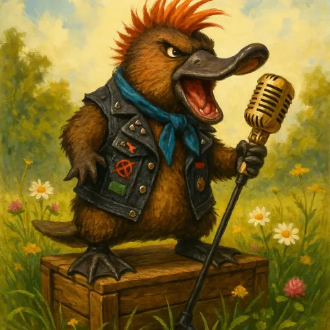 Punk Rock Platypus Stands Defiantly on a Weathered Wooden Crate