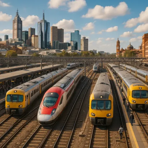 Bustling Train Station with Multiple Trains