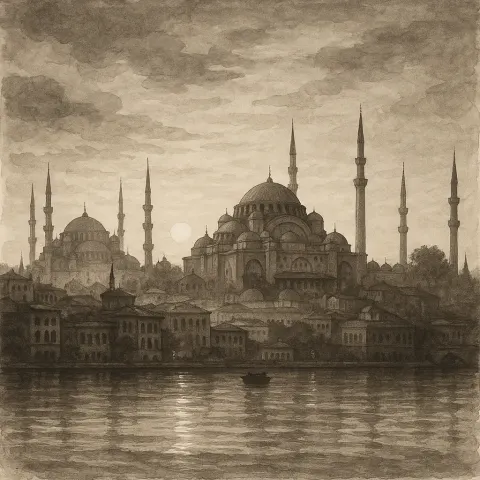 Elaborate Ink Wash Depiction of Istanbul's Historic Skyline Illuminated