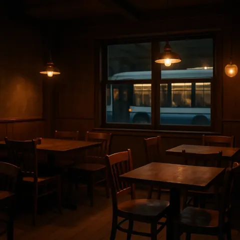 Dimly Lit Indoor Dining Area with Wooden Accents