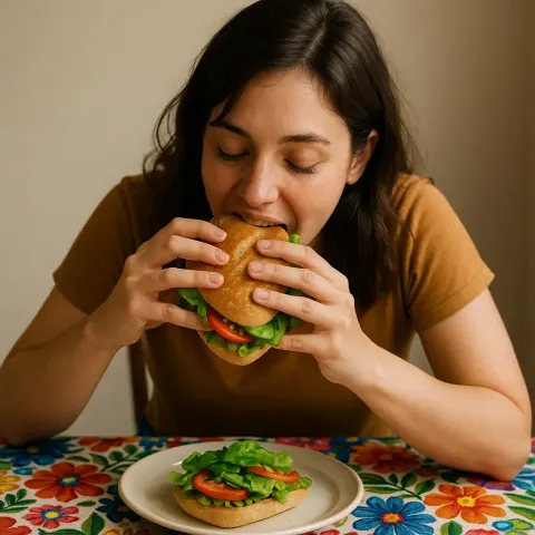 Woman Leans in to Eat a Sandwich