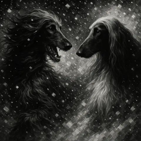 Stark Chiaroscuro Reveals Two Varied Afghan Hounds Battling a Pixelated