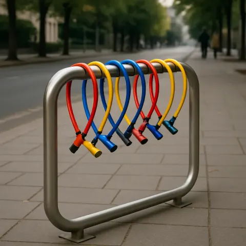 Empty Stainless Steel Bike Rack Stands on a Paved Sidewalk