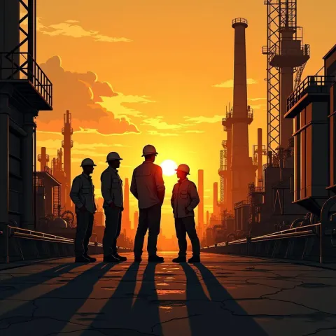Industrial Sunset With Four Silhouetted Figures