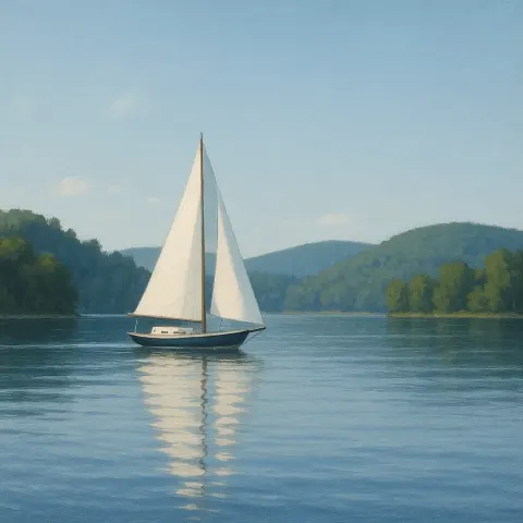 Sailboat Glides on Calm Waters with Distant Tree-covered Hills