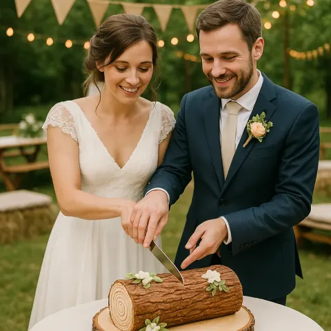 Bride and Groom Cutting a Decorative Log-shaped Cake Outdoors