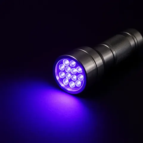 Silver Flashlight Emitting Bright Ultraviolet Light from Multiple Circular LEDs