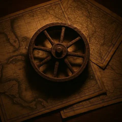 Weathered Paddlewheel Rests on an Antique Explorer's Desk