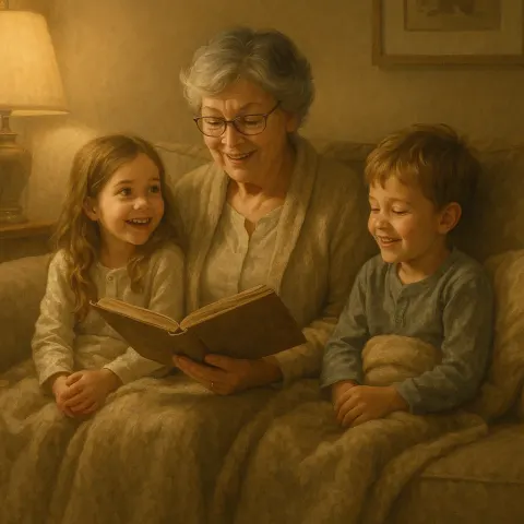 Grandmother Sharing a Bedtime Tale with Her Grandson and Granddaughter