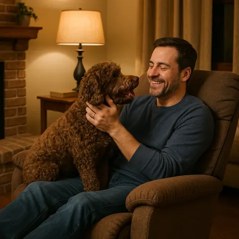 Man Sitting on a Recliner Interacts with a Brown Curly-haired