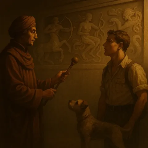 Figure in Rich Brown Attire Gestures with a Scepter
