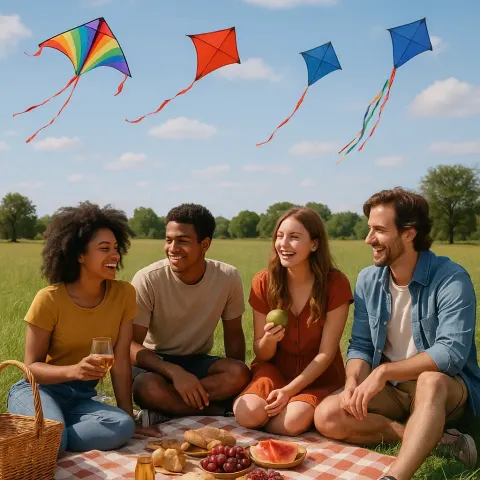 Circle of Companions Relishing a Picnic on a Lush