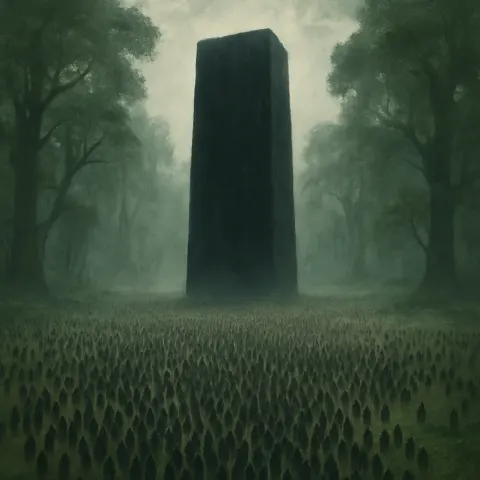 Vast Throng of Tiny Figures Converges on a Colossal Monolith